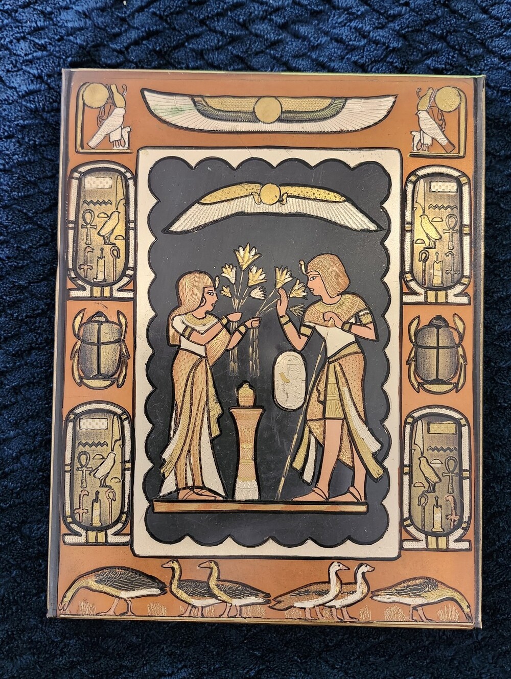 vintage Egyptian papyrus Metal And Wood depicting a pharaonic marriage scene.